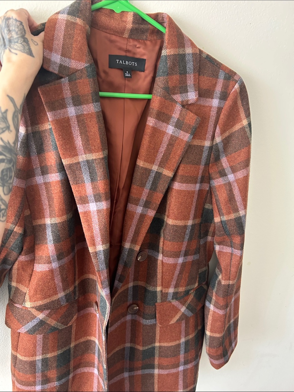 Talbots Rust Pink Gray Plaid Double-Breasted Blazer